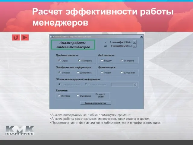 Расчет эффективности работы менеджеров Анализ информации за любые промежутки времени; Анализ работы