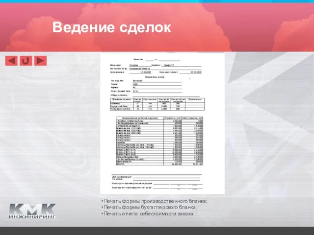 Печать формы производственного бланка; Печать формы бухгалтерского бланка; Печать отчета себестоимости заказа. Ведение сделок