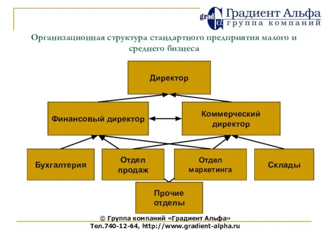 © Группа компаний «Градиент Альфа» Тел.740-12-64, http://www.gradient-alpha.ru Организационная структура стандартного предприятия малого и среднего бизнеса