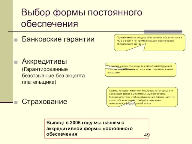 Выбор формы постоянного обеспечения Банковские гарантии Аккредитивы (Гарантированные безотзывные без акцепта плательщика)