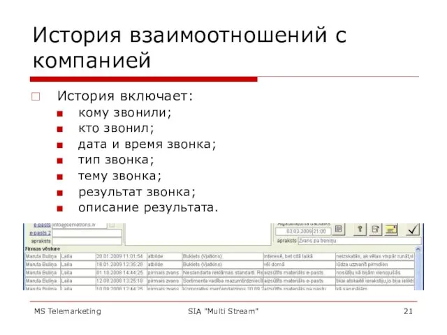 MS Telemarketing SIA "Multi Stream" История взаимоотношений с компанией История включает: кому