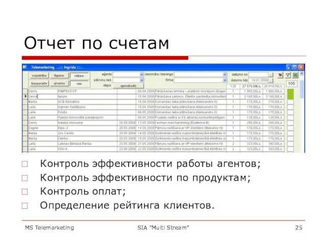 MS Telemarketing SIA "Multi Stream" Отчет по счетам Контроль эффективности работы агентов;