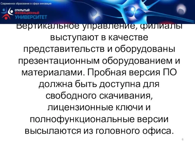 Вертикальное управление, филиалы выступают в качестве представительств и оборудованы презентационным оборудованием и