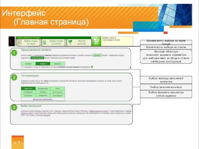> 1 Интерфейс (Главная страница) Выбор периода рекламной кампании Выбор рекламоносителя Выбор