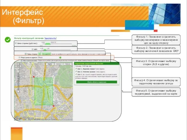 Интерфейс (Фильтр) Фильтр 1. Позволяет ограничить выборку минимумом и максимумом цен за