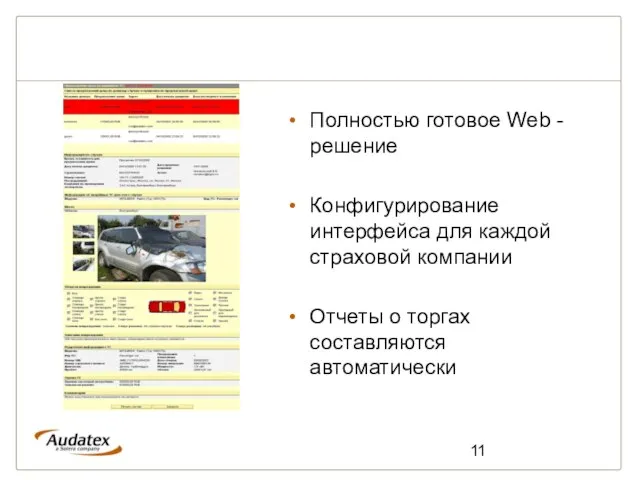 Полностью готовое Web - решение Конфигурирование интерфейса для каждой страховой компании Отчеты о торгах составляются автоматически