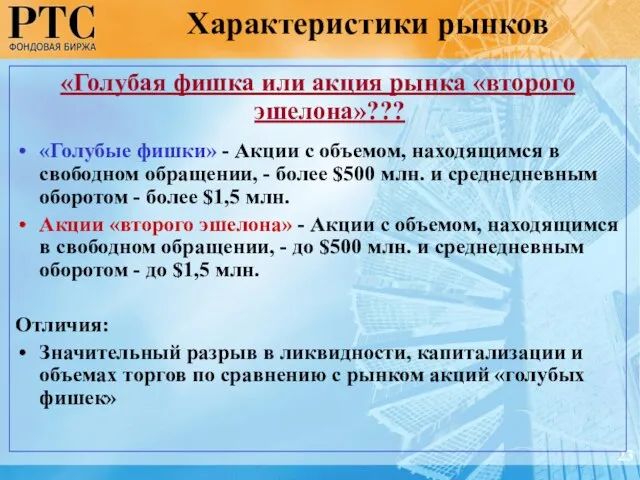 Характеристики рынков 23 «Голубая фишка или акция рынка «второго эшелона»??? «Голубые фишки»