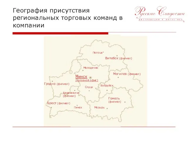 География присутствия региональных торговых команд в компании Витебск (филиал) Могилев (филиал) Бобруйск