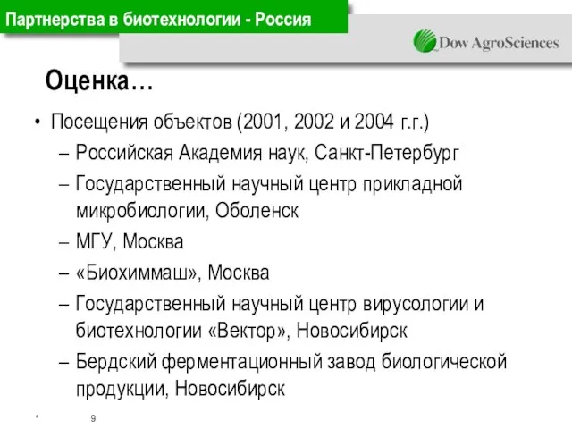 Партнерства в биотехнологии - Россия Посещения объектов (2001, 2002 и 2004 г.г.)