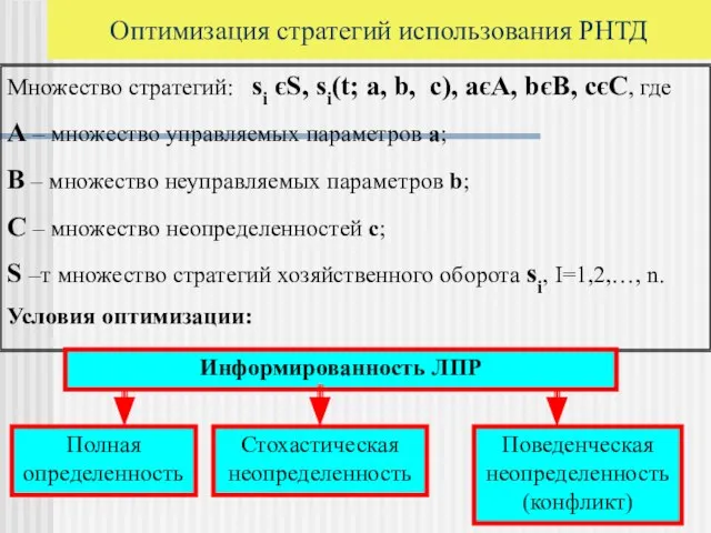 Множество стратегий: si єS, si(t; а, b, c), aєA, bєB, cєC, где