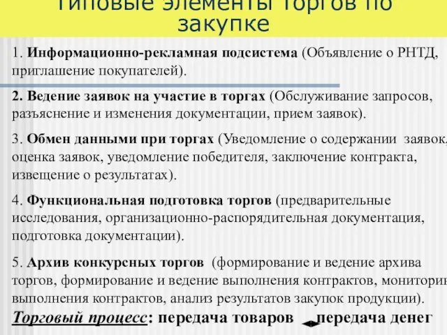 Типовые элементы торгов по закупке 1. Информационно-рекламная подсистема (Объявление о РНТД, приглашение