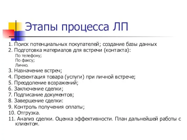 Этапы процесса ЛП 1. Поиск потенциальных покупателей; создание базы данных 2. Подготовка