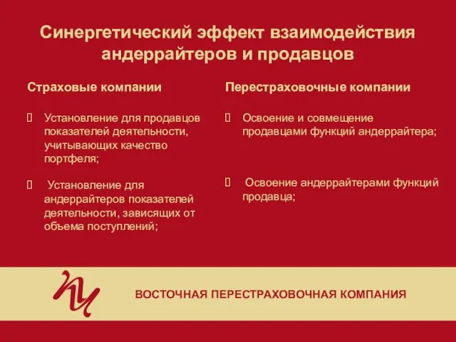 Синергетический эффект взаимодействия андеррайтеров и продавцов Страховые компании Установление для продавцов показателей