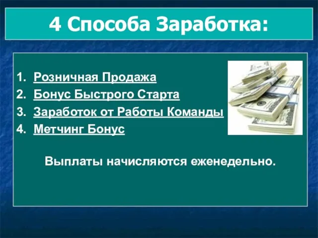 4 Способа Заработка: 1. Розничная Продажа 2. Бонус Быстрого Старта 3. Заработок