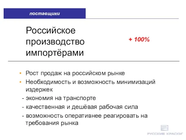Российское производство импортёрами + 100% Рост продаж на российском рынке Необходимость и