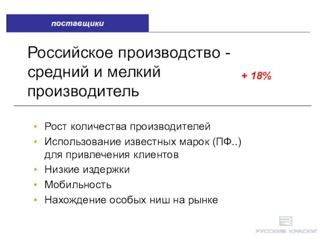 Российское производство - средний и мелкий производитель + 18% Рост количества производителей