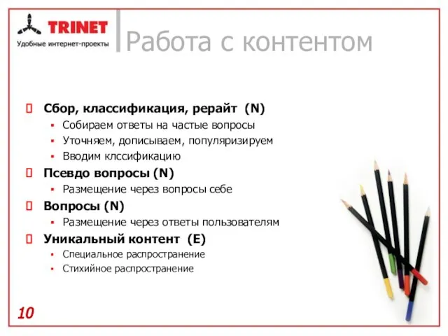 Работа с контентом Сбор, классификация, рерайт (N) Собираем ответы на частые вопросы