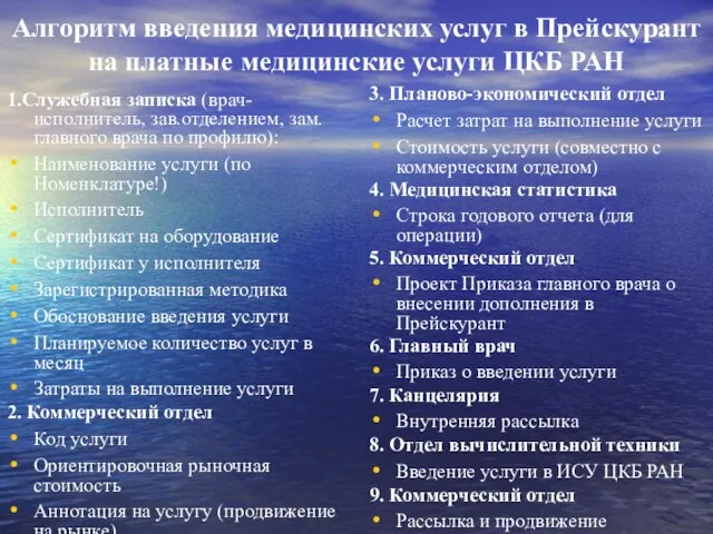 Алгоритм введения медицинских услуг в Прейскурант на платные медицинские услуги ЦКБ РАН