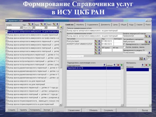 Формирование Справочника услуг в ИСУ ЦКБ РАН