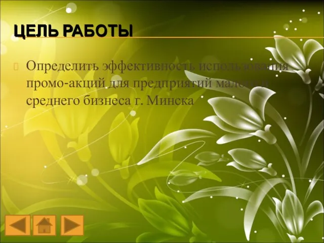 ЦЕЛЬ РАБОТЫ Определить эффективность использования промо-акций для предприятий малого и среднего бизнеса г. Минска ЦЕЛЬ РАБОТЫ