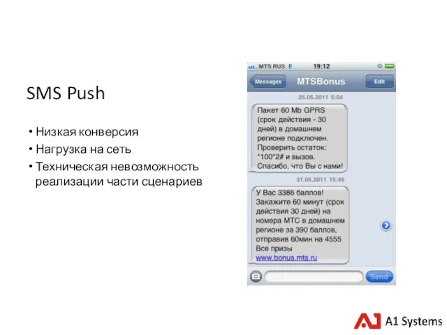 SMS Push Низкая конверсия Нагрузка на сеть Техническая невозможность реализации части сценариев