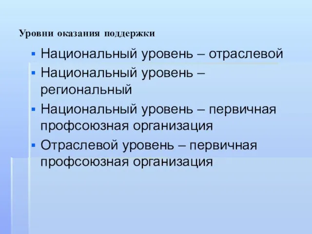 Уровни оказания поддержки Национальный уровень – отраслевой Национальный уровень – региональный Национальный