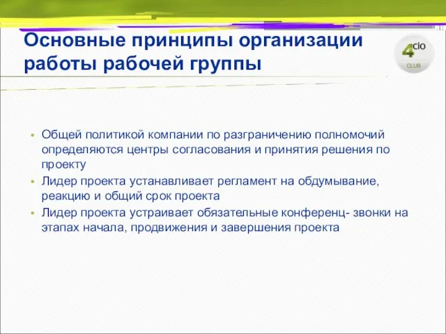 Основные принципы организации работы рабочей группы Общей политикой компании по разграничению полномочий