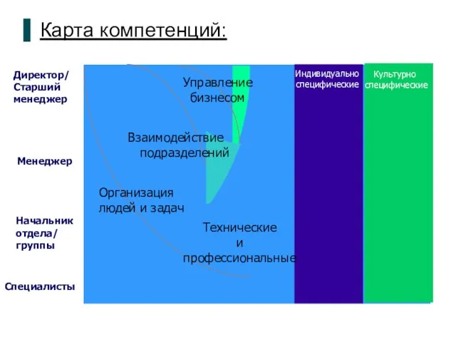 Карта компетенций: Директор/ Старший менеджер Менеджер Начальник отдела/ группы Специалисты Индивидуально специфические