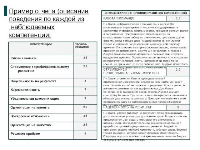 Пример отчета (описание поведения по каждой из наблюдаемых компетенции: