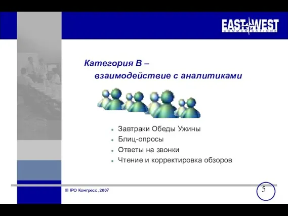 Категория В – взаимодействие с аналитиками Завтраки Обеды Ужины Блиц-опросы Ответы на