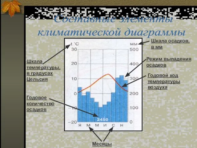 Составные элементы климатической диаграммы Месяцы Шкала температуры, в градусах Цельсия Годовое количество