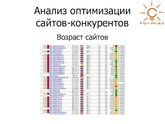 Анализ оптимизации сайтов-конкурентов Возраст сайтов