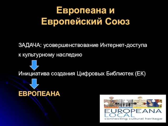Европеана и Европейский Союз ЗАДАЧА: усовершенствование Интернет-доступа к культурному наследию Инициатива создания Цифровых Библиотек (ЕК) ЕВРОПЕАНА