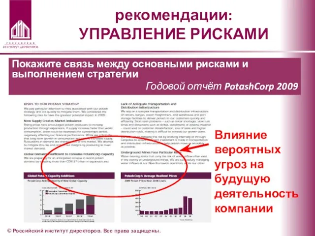 рекомендации: УПРАВЛЕНИЕ РИСКАМИ Покажите связь между основными рисками и выполнением стратегии Годовой
