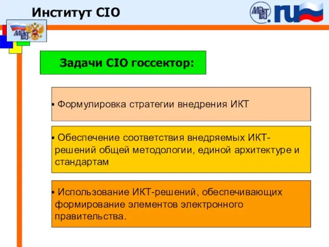 Задачи CIO госсектор: Формулировка стратегии внедрения ИКТ Обеспечение соответствия внедряемых ИКТ-решений общей