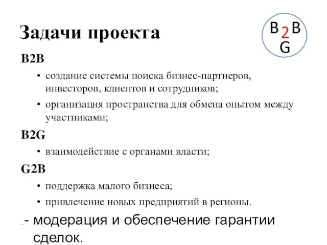 Задачи проекта B2B создание системы поиска бизнес-партнеров, инвесторов, клиентов и сотрудников; организация