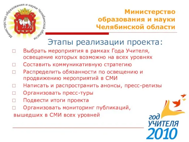Министерство образования и науки Челябинской области Этапы реализации проекта: Выбрать мероприятия в