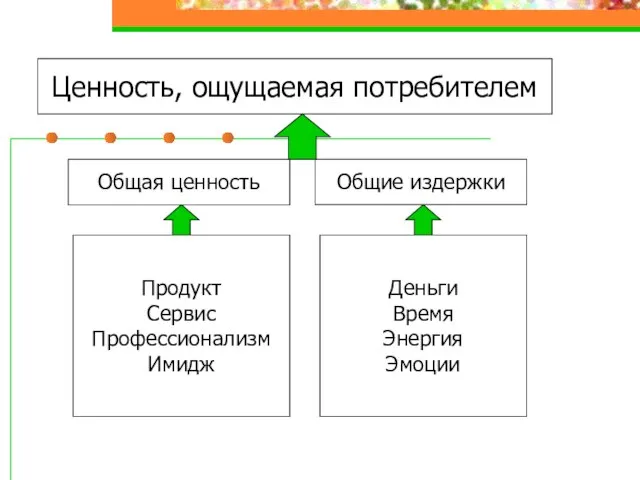 Общая ценность Деньги Время Энергия Эмоции Общие издержки Продукт Сервис Профессионализм Имидж Ценность, ощущаемая потребителем