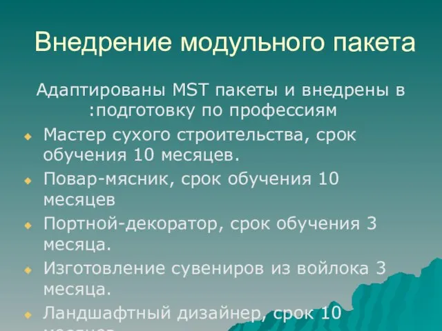 Внедрение модульного пакета Адаптированы MST пакеты и внедрены в подготовку по профессиям: