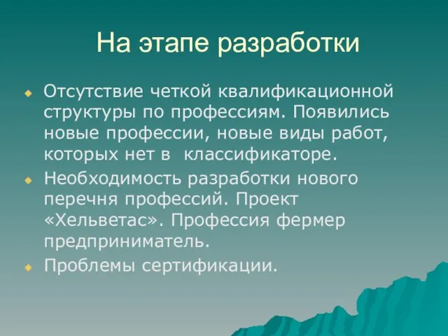 На этапе разработки Отсутствие четкой квалификационной структуры по профессиям. Появились новые профессии,