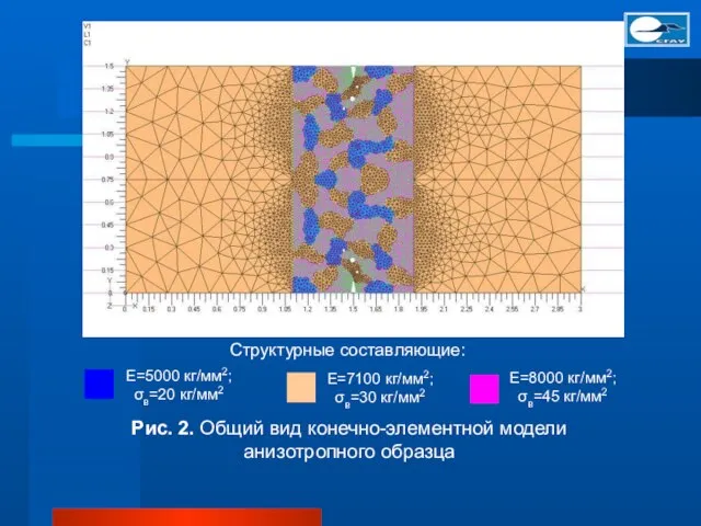 Е=5000 кг/мм2; σв=20 кг/мм2 Рис. 2. Общий вид конечно-элементной модели анизотропного образца