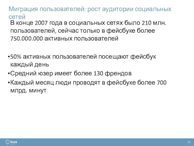 10 Миграция пользователей: рост аудитории социальных сетей В конце 2007 года в