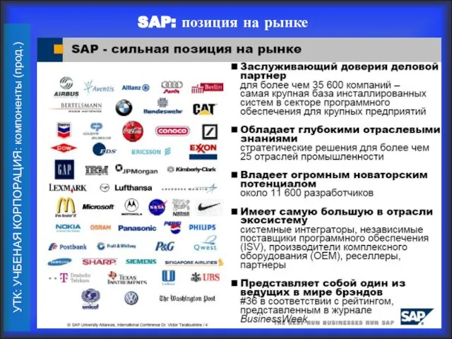 SAP: позиция на рынке УТК: УЧБЕНАЯ КОРПОРАЦИЯ: компоненты (прод.)