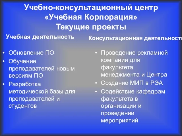 Учебно-консультационный центр «Учебная Корпорация» Текущие проекты Учебная деятельность Обновление ПО Обучение преподавателей