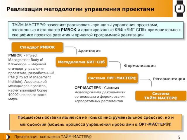 Реализация методологии управления проектами ТАЙМ-МАСТЕР® позволяет реализовать принципы управления проектами, заложенные в