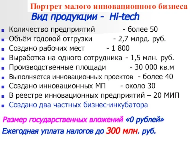 Количество предприятий - более 50 Объём годовой отгрузки - 2,7 млрд. руб.