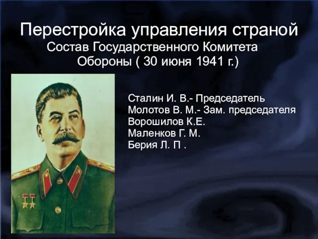 Перестройка управления страной Состав Государственного Комитета Обороны ( 30 июня 1941 г.)