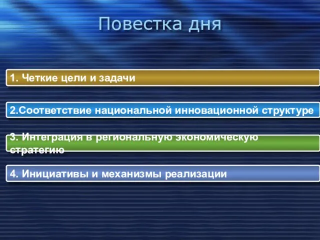 Повестка дня 1. Четкие цели и задачи 2.Соответствие национальной инновационной структуре 3.