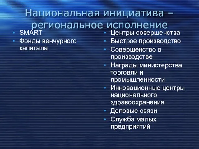 Национальная инициатива – региональное исполнение SMART Фонды венчурного капитала Центры совершенства Быстрое