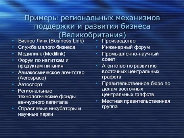 Примеры региональных механизмов поддержки и развития бизнеса (Великобритания) Бизнес Линк (Business Link)